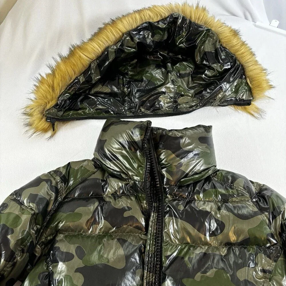 Sam’s S13 Women's Down Puffer Jacket with Faux Fur Trimmed Removable Hood Camo M